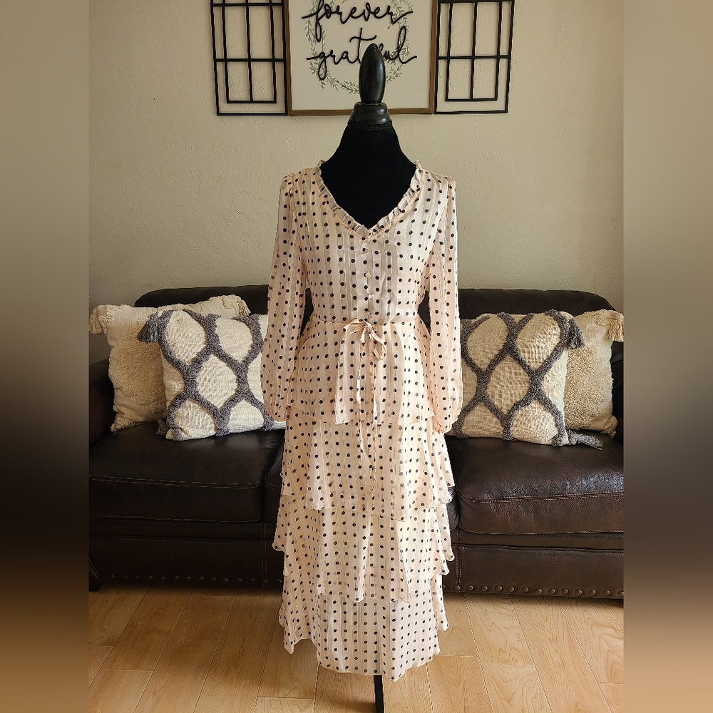 O.P.T. Women's Beige‎ V-Neck Long Sleeve Tiered Polka Dot Dress Size S